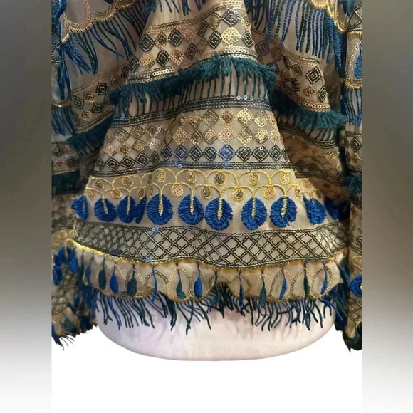 Alice + Olivia Mixed Media Boho Beaded Fringe Blouse size S - Picture 10 of 16